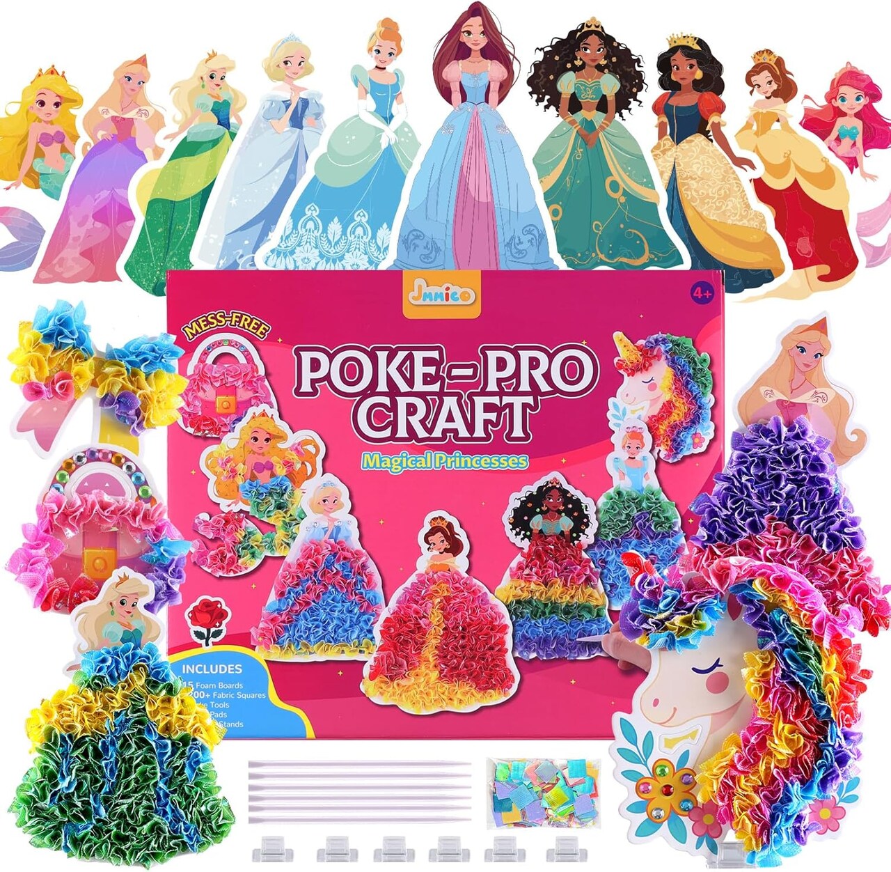 JMMICO Poke in Pro Art Kits for Girls, Poke Art for Kids Ages 4-8, 10 PCS Princesses & 5 PCS Decors, No Mess DIY Princesses Craft, Holiday Gifts for Kids